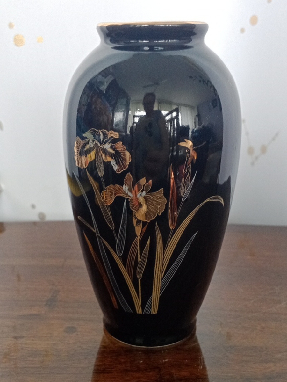 Black Ceramic Vase with Gold Floral Iris Motif